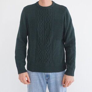 Ben Sherman Green Cable Knit Textured Cotton Blend Crewneck Sweater Medium
